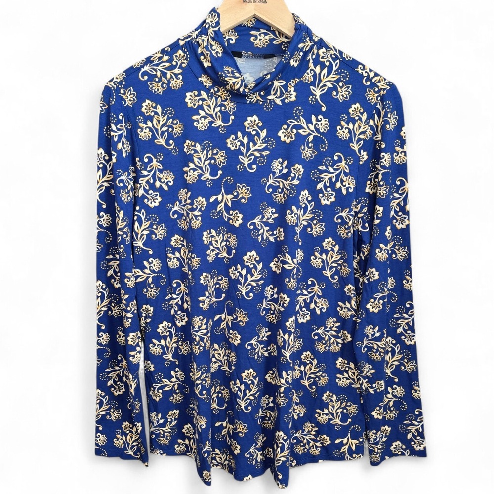 Susan Graver Weekend Top Womens Medium Blue Floral Print Mock Neck Blouse Ladies